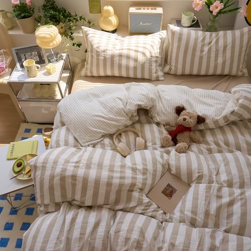 EAVD Duvet Cover King White Khaki Striped Duvet Cover Set Soft Washed Microfiber Bedding Set with Striped Pattern Modern Farmhouse Geometric Comforter Cover with Zipper Closure