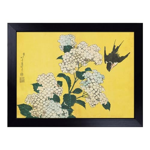 Lap Tray with Bean Bag Cushion, Hydrangeas And Swallow By Katsushika - Handmade in the UK, Raised Wooden Edge, Padded Cushion, Heat-Resistant Wipe-Clean Surface, for Meals, Laptops and Crafts