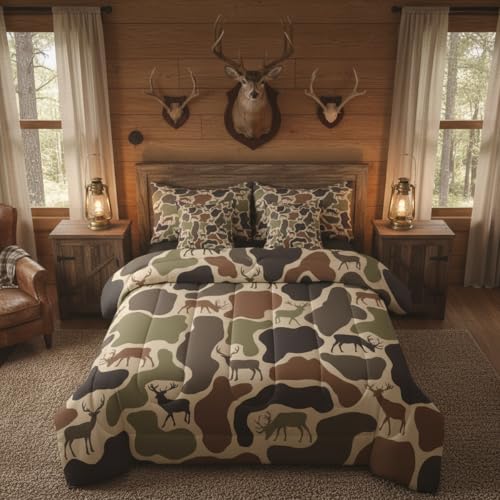 Erosebridal Camo Deer Bed in A Bag 7 Pcs Camouflage Hunting Deer Comforter Set for Kids Teens Green Military Army Camo Bedding Sets Queen Country Hunter Wildlife Sheet Set with Comforter