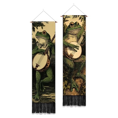 "PLIGREAT 2 Pack Boho Tapestry with Tassels, Piano Frog Art Wall Hanging Vertical Funny Home Wall Tapestry for Bedroom Living Room Long Narrow Decor, 52"" x 13"""
