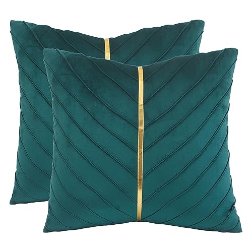 Tosleo Peacock Blue Velvet Throw Pillow Covers 18x18 inch Pack of 2 with Gold Leather Decorative Couch Pillowcases Luxury Modern Pillow Cover for Living Room Bedroom Sofa Cushion Bed 45x45cm
