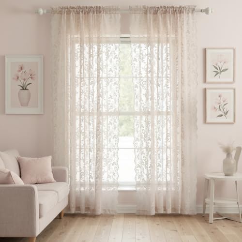FINECITY Blush Lace Curtains 96 Inches Long - Country Rustic Branch Floral Lace Sheer Curtains 2 Panels Set for Living Room, Privacy Scalloped Lace Window Curtains, 52 x 96 Inch, 2 Panels, Blush Pink