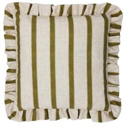 furn. Wylder Connie Square Polyester Filled Cushion – Striped Ruffle Linen Textured Decorative Pillow (Olive – 45x45cm)