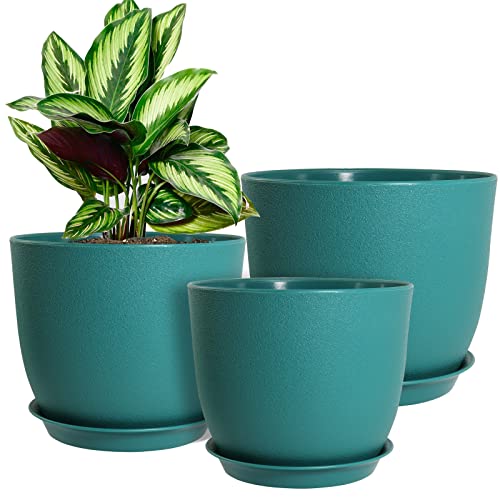 WOUSIWER Plant Pots 10/9/8 inch, Set of 3 Modern Decorative Plastic Planters with Drainage Holes and Saucers for House Plants Indoor Flowers Plants, Blue