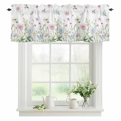 "YOKOU Curtain Valance, Wildflowers Spring Watercolor Flower Floral Print Plants Short Rod Pocket Window Treatment for Living Room, Bedroom, Kitchen, Bathroom, 1 Panel, 54"" W x 18"" L"