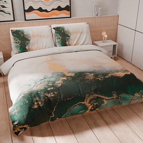 PETTI Artigiani Italiani - Double Duvet Cover Set 220 x 200 cm (2 Pillowcases 80 x 80 cm Included), Microfibre Duvet Cover Set with Digital Marble Emerald Print - Made in Italy