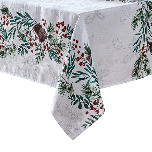 "Elrene Home Fashions Holly Berry Flourish Holiday/Christmas Wrinkle Resistant Fabric Rectangle Dining Tablecloth, 60""x84"""