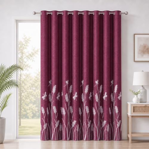 "Melodieux Extra Wide Embroidery Curtain for Patio Sliding Door, Living Room Farmhouse Floral Patterned Room Darkening Linen Textured Grommet Drape, White Wheat/Burgundy, 100"" W x 84"" L, 1 Panel"