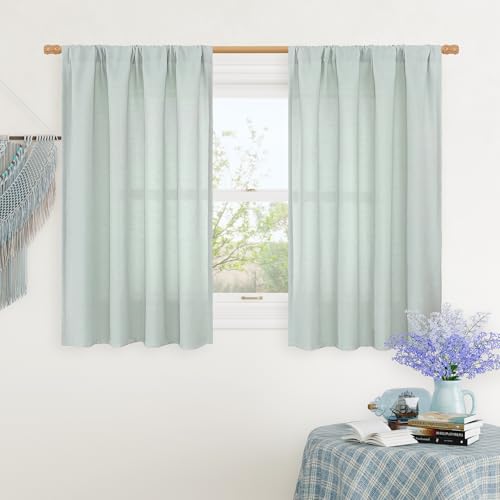 LAMIT 48 Inch Short Window Linen Curtains, Soft Faux Linen Light Filtering Panels Rod Pocket Neutral Drapes for Cafe/Bathroom/Loft Room, Light Blue, 2 Panels, 42 x 48 Inch