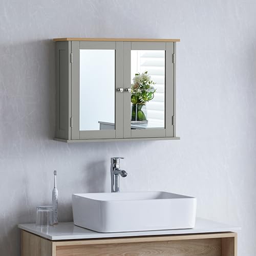Bath Vida Priano Double Door Mirrored Bathroom Cabinet Storage Cupboard Wall Mounted, Grey & Oak