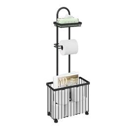 X-cosrack Freestanding Toilet Paper Holder Toilet Tissue Rack Scroll Stand Roll Dispenser with Storage Shelf Reserve for Phone Tablet Magazine Bathroom Organizer Bath Tissue Organizer-Black