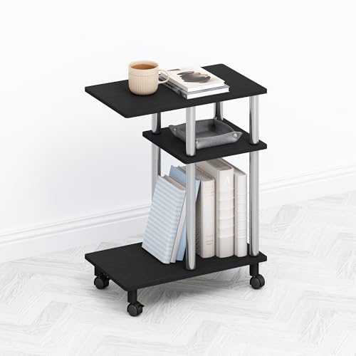 Furinno TOMI Side Table, 3-Tier C-Shape Open Shelf End Table with Wheels, Night Stand, Bedside Table, Toolless Assembly, for Living Room, Bedroom, Americano/Stainless Steel