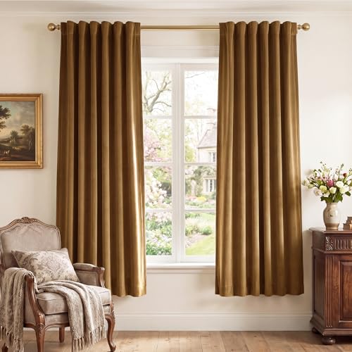 StangH Velvet Curtains Gold Brown Thermal Insulated Room Darkening Drapes for Bedroom Living Room Home Theater Decorative Privacy Protect Window Treatment with Back Tab, Set of 2, 52x72 Inches