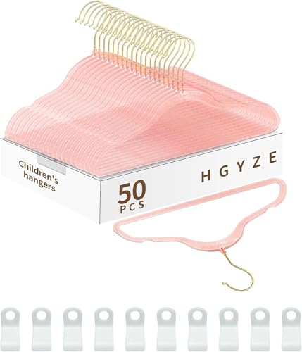 HGYZE 50 x Kids Baby Clothes Hangers Narrow with 10 Connecting Hooks for Toddlers Perchas de Pl??stico for Girls Nursery (Pink Sparkle Hangar with Gold Glitter)