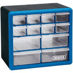 Draper 12 Drawer Organiser Storage Unit Plastic - Workshop Home Office Cabinet Cupboard - Wall Mountable - 12014, 12 Part, Blue