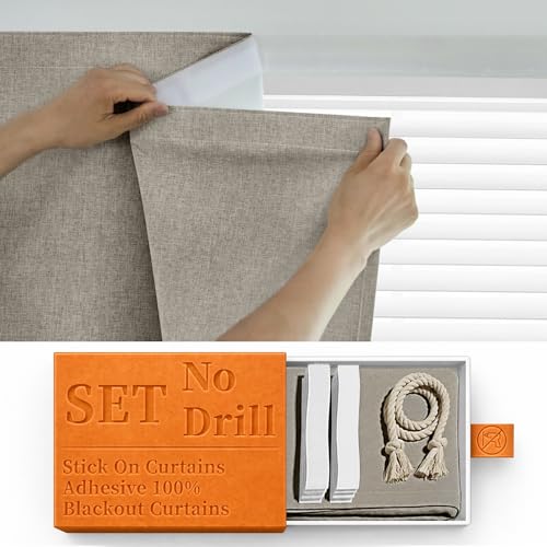 Sovtfides 100% Self Adhesive Blackout Curtains- Stick on Curtains Shades Window Blinds Curtain No Rod Needed Easy to Hang Curtain, Use for Bedroom, Roman Shades, W60 x L72 inch, 1 Panel, Light Brown