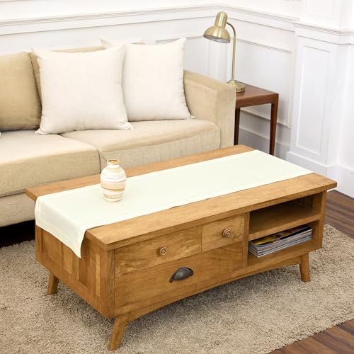 Solino Home Cotton Linen Dining Table Runner Ivory Hemstitch, 14 x 48 in - for coffee, dresser, dining table, decor, machine washable, indoor outdoor, gift - Fall, Thanksgiving, Halloween, Christmas
