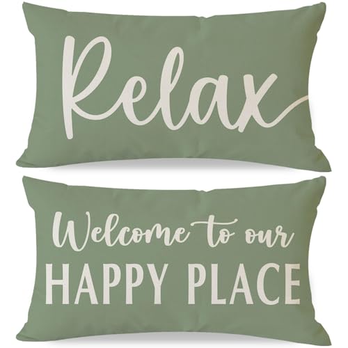 HERHOME Welcome to Our Happy Place Relax Throw Pillow Covers 12x20 Set of 2 Sage Green Outdoor Farmhouse Spring Summer Decorations Lumbar Decorative Cushion Case for Home Couch Living Room Porch Decor