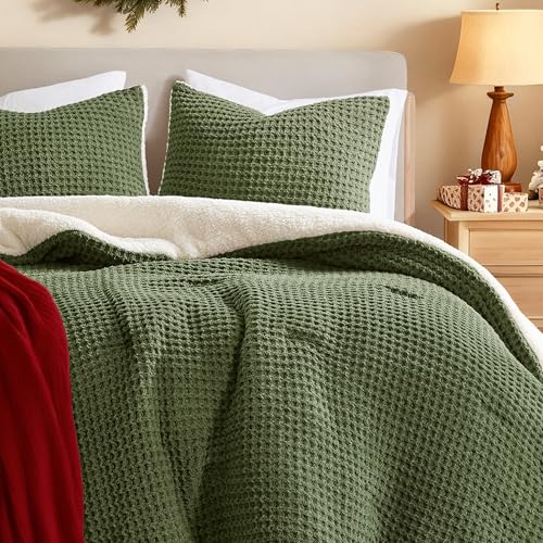 Madison Park Riordan Waffle Knit Comforter Set ??? Ultra-Soft Fluffy Chenille Bedding with Plush Sherpa Back, Cozy and Warm for Winter, Oeko-Tex Certified, King, Olive