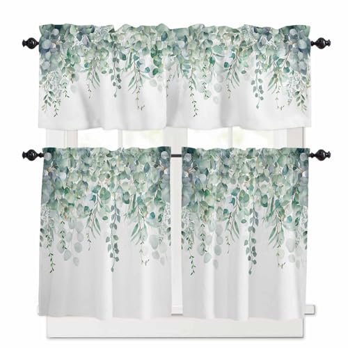 TweetyBed Kitchen Curtain Valance and Tiers Set Green Eucalyptus 3 Pc Window Treatment Watercolor Leaves 3 Pieces Rod Pocket Valance Set for Small Windows 54 in x 24 in