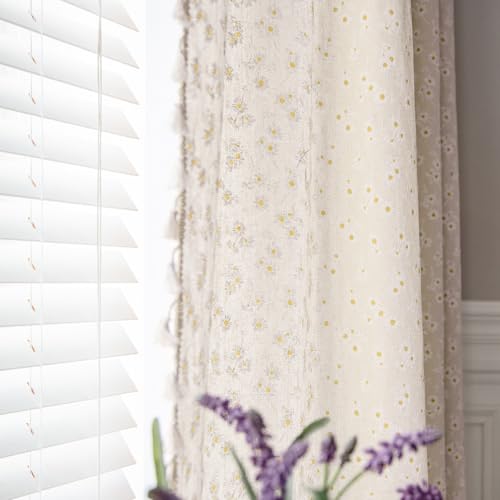 ENJOYBRIDAL Floral Curtains 63 Inch Length 2 Panels Short Drapes Tassel Rod Pocket Semi-Sheer Boho Daisy Bedroom Living Room Farmhouse Rustic Bohemian Window Curtain Panels
