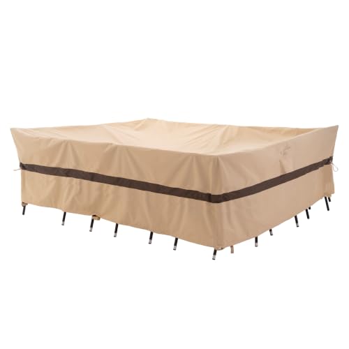 WJ-X3 Large Rectangle Patio Table Cover Sectional, Outdoor Furniture Set Cover Heavy Duty, Lawn Dining Set Cover Waterproof, High Wind Resistant, Anti-Fading 136W x 88D x 36H Inches, Beige & Coffee