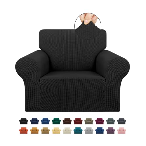 "KEKUOU Stretch Single Sofa Slipcover 1 Piece Couch Sofa Cover (32""-55"") Furniture Protector 1 Seater Sofa with Elastic Bottom for Kids,Pet.Jacquard Small Checked Pattern Fabric(Small,Black)"