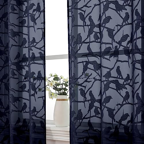 OVZME Anji Bird Set of 2 Navy Blue Sheer Curtains 45 inches Long for Small Window, Light Filtering Cafe Curtains, Short Farmhouse Window Curtains for Kitchen, 38x45 Inch
