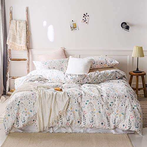 Garden Style Floral Duvet Cover King Cotton Floral Comforter Cover with Zipper Modern Chic Floral Leaves Pattern Printed on White Garden Flower Bedding Sets for Girls Women King Bed Duvet Cover Set