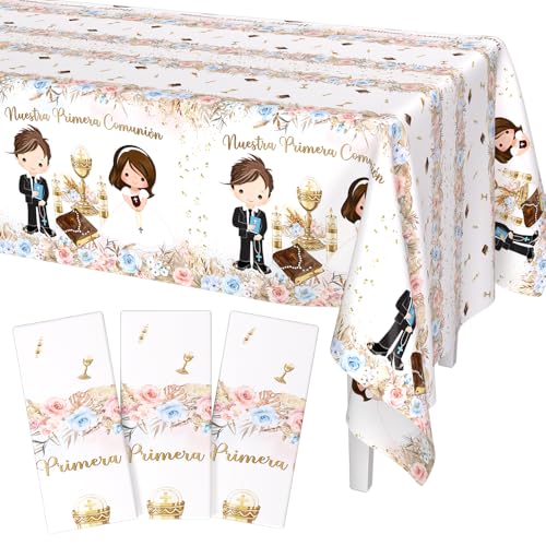 AIBIIN 3Pcs Nuestra Primera Comunion Baptism Tablecloth for Twins First Holy Communion Table Cover Decorations Christening God Bless Plastic Disposable Table Cloth Table Decorations 108 x 54 Inch