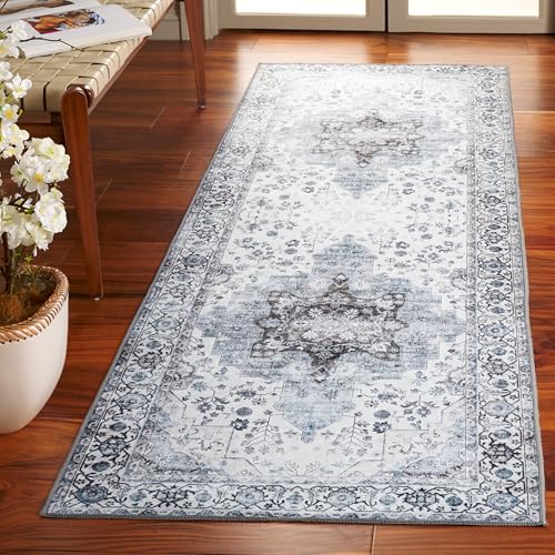 Safavieh Traditional Rug Ideal for High Traffic Areas - Machine Washable and Non Slip - Arizona Collection, Short Pile, in Ivory and Blue, 80 X 180 cm