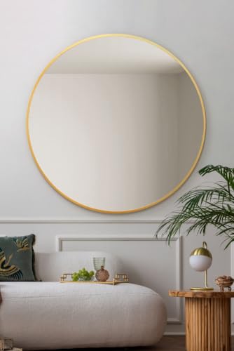 "MirrorOutlet The Fenestra - Gold edged Modern Round Circular Wall Mirror 47"" X 47"" (120CM X 120CM) Silver Mirror Glass with Black Metal Frame"