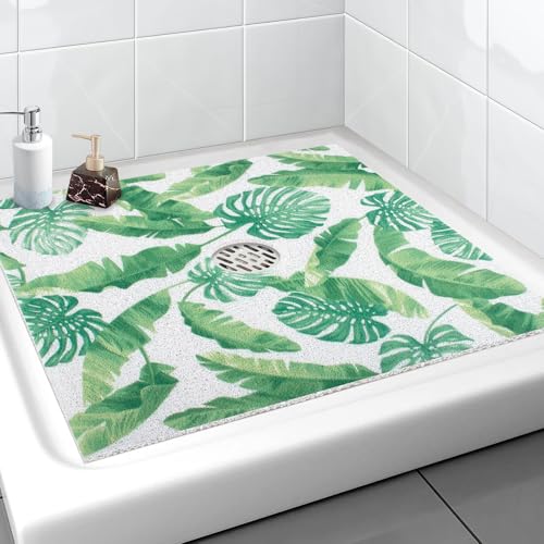 Square Shower Mat, Yonala 27 x 27 Inch Stylish Non Slip Shower Mats for Inside Shower with Central Drain Hole, Soft Trimmable PVC Loofah Anti Slip Shower Mat for Walk in Shower Stall, Quick Drying