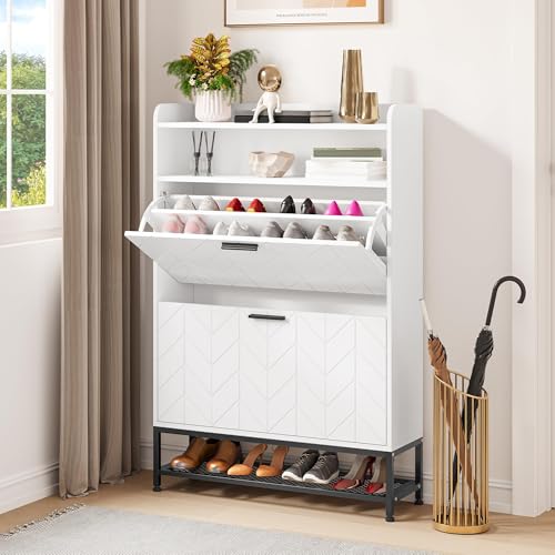 YITAHOME Shoe Storage Cabinet, Wooden Shoe Cabinet with 2 Flip Drawers Floorstanding Shoes Cupboard with Open Shelves and Metal Legs, Shoes Rack for Living Room Entryway Hallway, 24x80x117cm