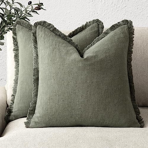 Foindtower Set of 2 Decorative Linen Fringe Throw Pillow Covers Cozy Boho Farmhouse Cushion Cover with Tassels Soft Accent Pillowcase for Couch Sofa Bed Living Room Home Decor, 26×26 Inch, Olive Green
