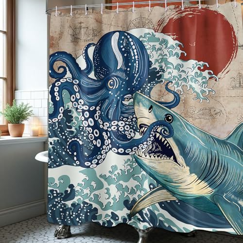 DLTAY Japanese Octopus Shark Shower Curtain, 60x72 in - Japanese Octopus Theme, Anime Waves Pattern Design, Modern Bathroom Decor, Waterproof Polyester Fabric, Plastic Hooks