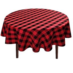 Hiasan Checkered Round Tablecloth 60 Inch - Waterproof Stain and Wrinkle Resistant Washable Fabric Table Cloth for Christmas, Dining Room Party Outdoor Picnic, Black and Red