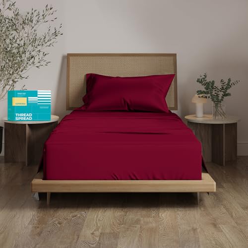 "THREAD SPREAD 100% Egyptian Cotton Sheets Twin Size Bed Set - 3 PC 800 High Thread Count Egyptian Cotton Twin Sheet Set (Burgundy) Soft, Cooling, 16"" Deep Pocket Sateen Weave Luxury Hotel Bedsheet"