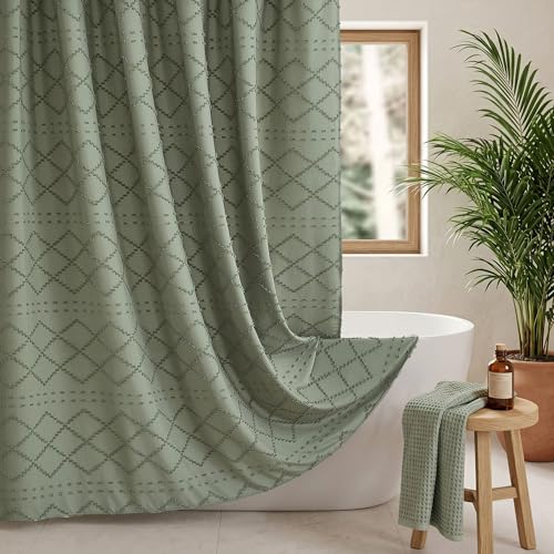 Siiluminisoy Sage Green Boho Woven Fabric Cute Shower Curtain, 72 x 72 Tufted Chevron Textured Striped Modern Farmhouse Minimalist Cloth Shower Curtain for Bathroom