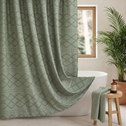 Siiluminisoy Sage Green Boho Woven Fabric Cute Shower Curtain, 72 x 72 Tufted Chevron Textured Striped Modern Farmhouse Minimalist Cloth Shower Curtain for Bathroom