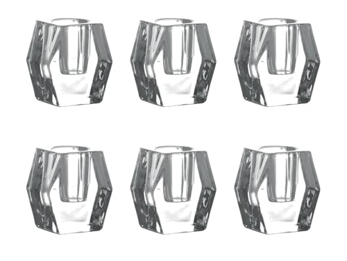 Set of 6 Hexagonal Clear Glass Candle Holders - 5.3 x 3.5 x 5.5 cm - Cereria Di Giorgio