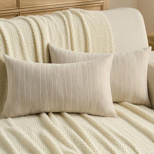 FUTEI Dyeing Beige Chenille Throw Pillow Covers 12x20 Inch Set of 2,Soft Line Textured Lumbar Pillow Cases,Modern Home Decor for Couch Living Room