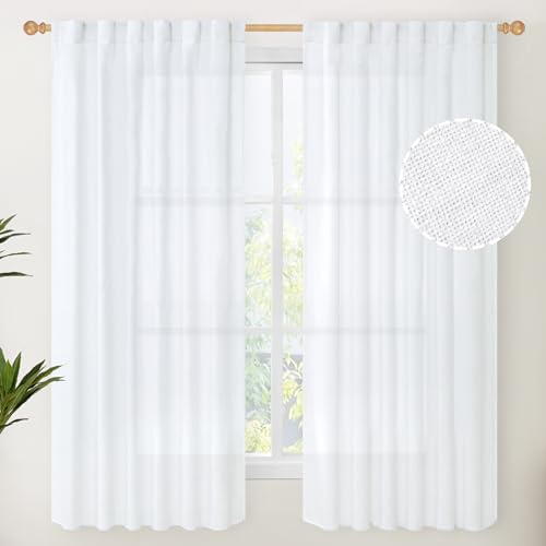 YoungsTex White Linen Curtains 63 Inch Length 2 Panels for Living Room, Light Filtering Drapes Semi Sheer with Rod Pocket Back Tab Lightweight for Bedroom, 52 X 63 Inch