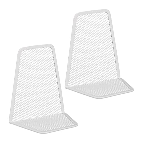 Relaxdays Set of 2 Bookends, Modern Mesh Design, for Books and Folders, Bookshelf Dividers, 14 x 12 x 9 cm, Metal, White, Steel