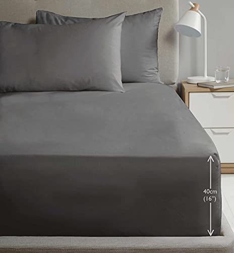 Rapport Home Super King Size Fitted Sheet Extra Deep 40cm Depth Charcoal Soft Easy Care Non-Iron Percale Bed Sheet – 16 inch Pocket