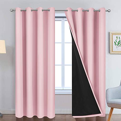 "Yakamok Pink 100% Blackout Curtains 84 Inches Long for Bedroom 52"" Wide - Blackout Curtain Panels for Bedroom, 2 Thick Layers Grommet Top Thermal Insulated Drapes with Black Liner for Living Room"