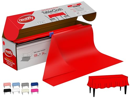 Neatiffy Disposable Plastic Table Cloth Roll - 137 cm x 33 m Waterproof Tablecloth - Table Cover for Rectangle, Square, Round Oval Tables - Picnic, Party, Banquet, Birthdays, Weddings (Red)