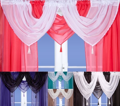 Voile Curtain Swag, Tassled Swags, Sheer Curtain Swags (Red)