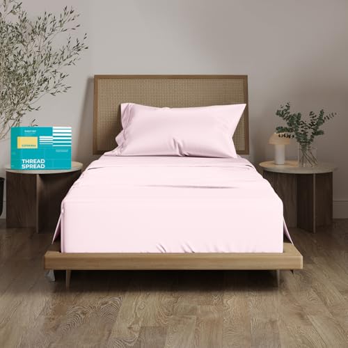 "THREAD SPREAD 100% Egyptian Cotton Sheets Twin XL Size Bed Set - 3 PC 800 Series Euphoria Collection Egyptian Cotton Twin XL Sheet Set (Blush) Soft, Cooling, 16"" Deep Pocket Hotel Bedsheet"