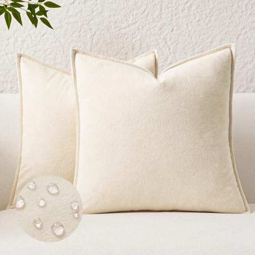 Kevin Textile Waterproof Decorative Pillow Covers Cream White 16x16 Inch Pack of 2 Soft Boucle Textured Throw Pillowcases Elegant Accent Pillows for Couch Sofa Chair Bed Home Decor Indoor Outdoor